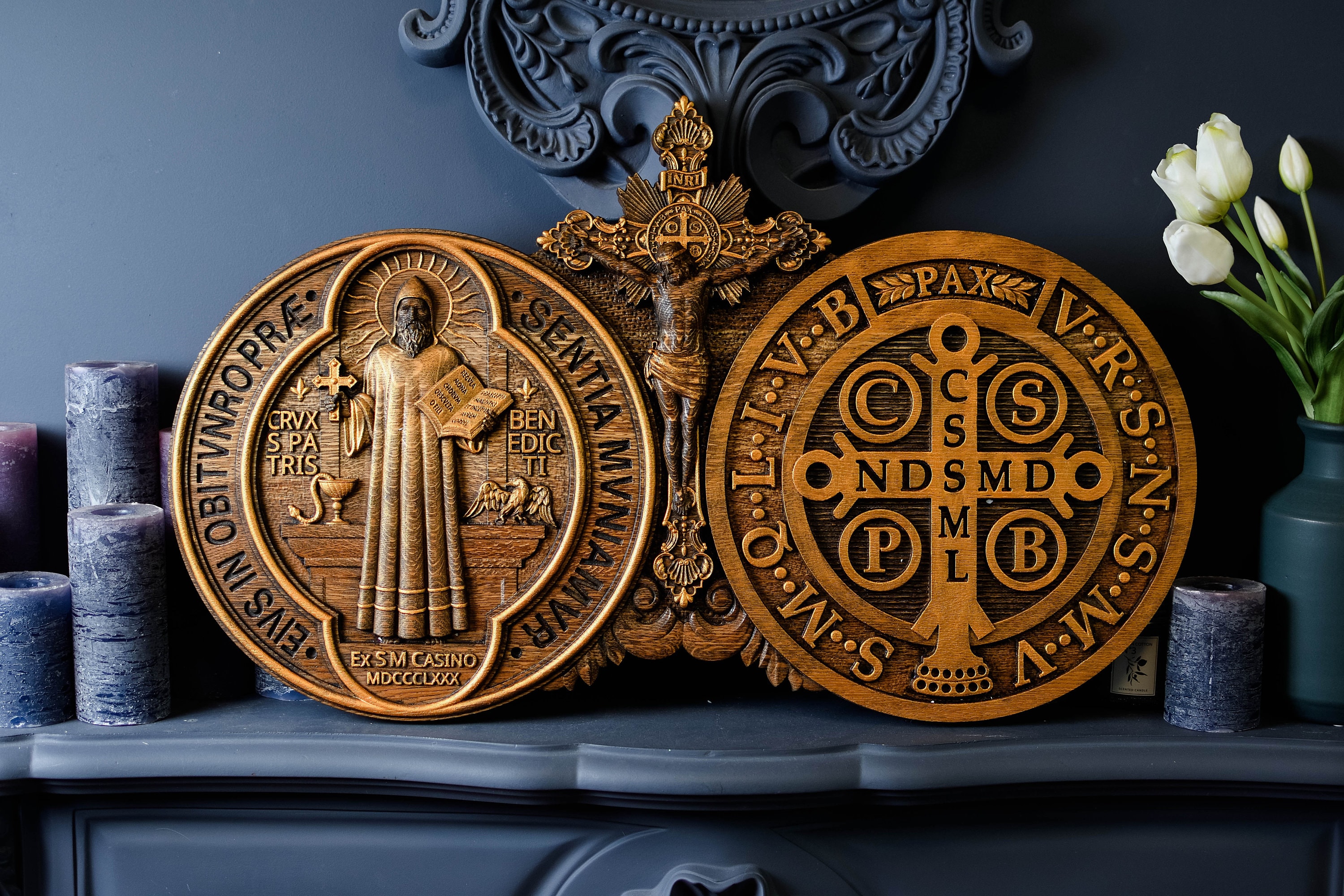 benedict様ご依頼 Wood Carved St Benedict Exorcism Cross: Christian Icon