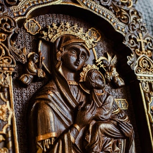 Virgin Mary wooden icon Any size Wood carvings religious wall art orthodox Icon Gift for mom image 1