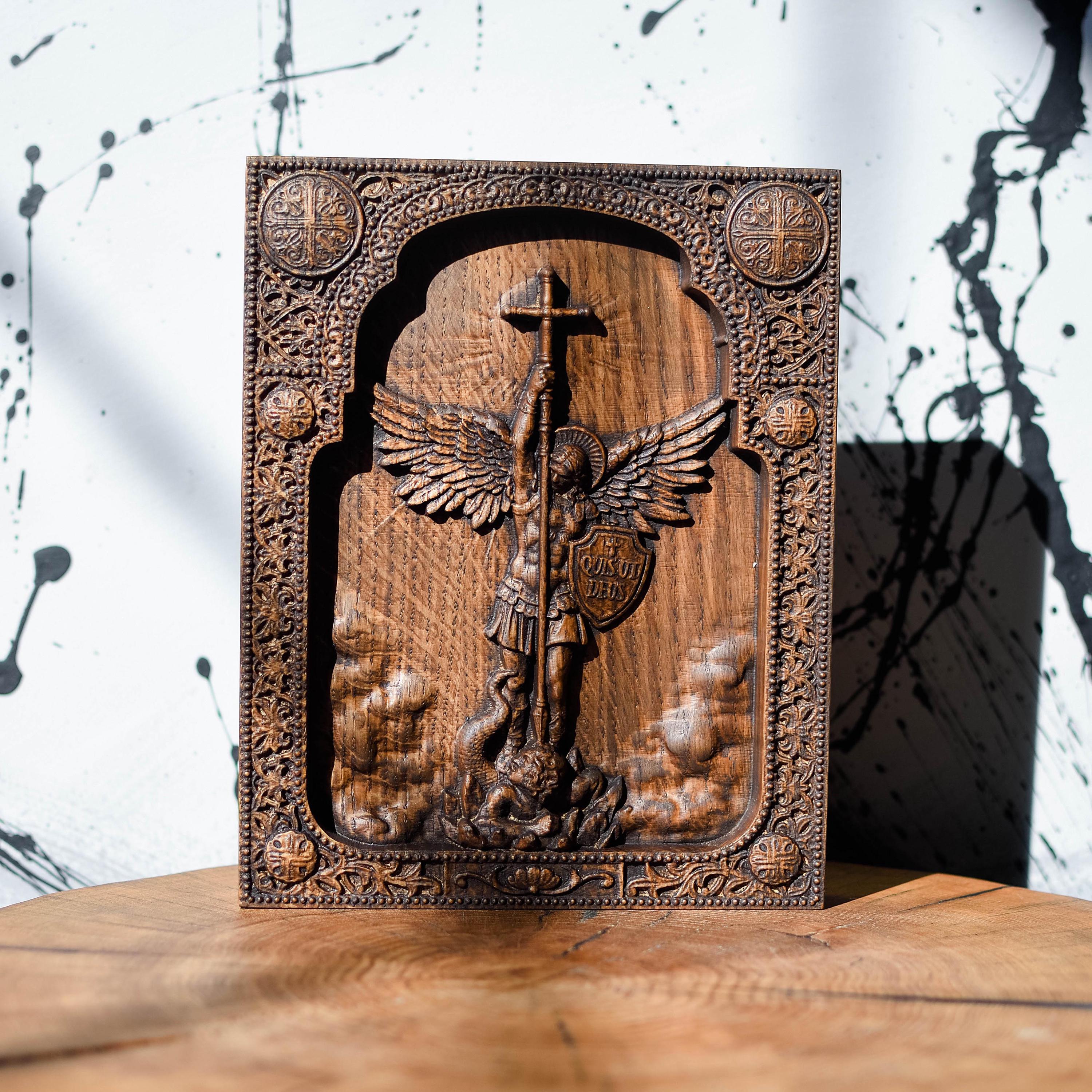 Archangel Michael wooden carved plaque Christian sculpture religious wall art  christian gift for him religious gifts for men