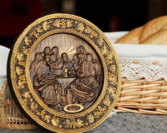 The Last Supper Wood Carving: Religious Wall Art, Oak Icon Personalized, TAX Free