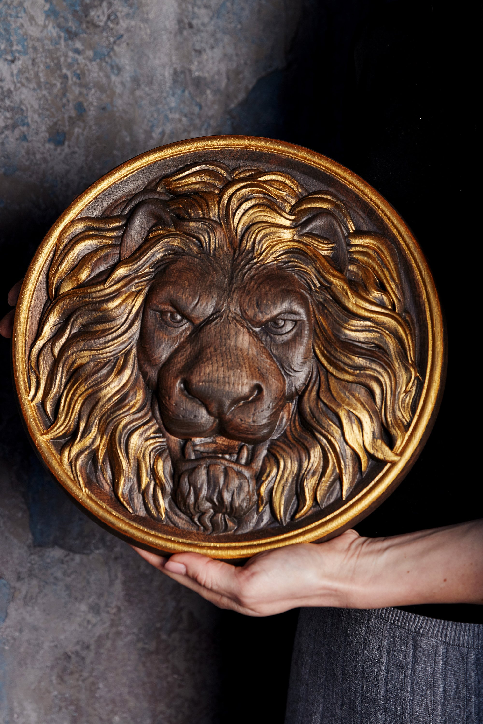Hand Carved Variety of Hard Wood Lion Head Appliqué Rosette 