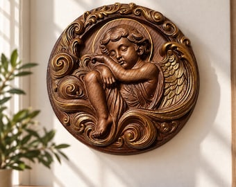 Sleeping Angel Wall Art,  7 inch, Hand Carved Wooden Cherub, Religious Home Decor, Angel Wall Hanging, Christian Gift, Ornate Wood Relief