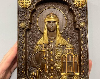 Icona in legno intagliato di Santa Olga, arte ortodossa ucraina, regalo personalizzato