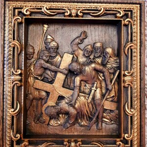 Stations of the cross Way of the Cross 7th station Pilate condemns Jesus to die Way of Sorrows Wood Carving Religious icon TAX FREE