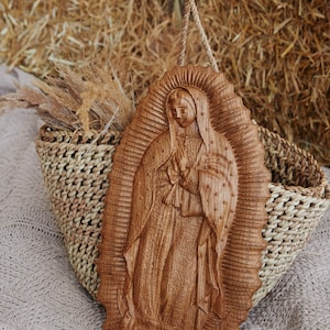 Our Lady of Guadalupe Wood Carving: Catholic Icon, Virgin Mary Wall Art