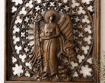 Customized-Hand Carved Archangel Raphael Wood Wall Plaque: Gothic Christian Art,20x20 inches Tax free