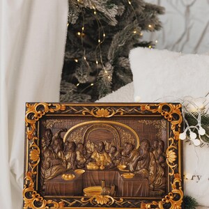 Last Supper Oak Wood Carving, Religious Icon, Christian Gift image 5