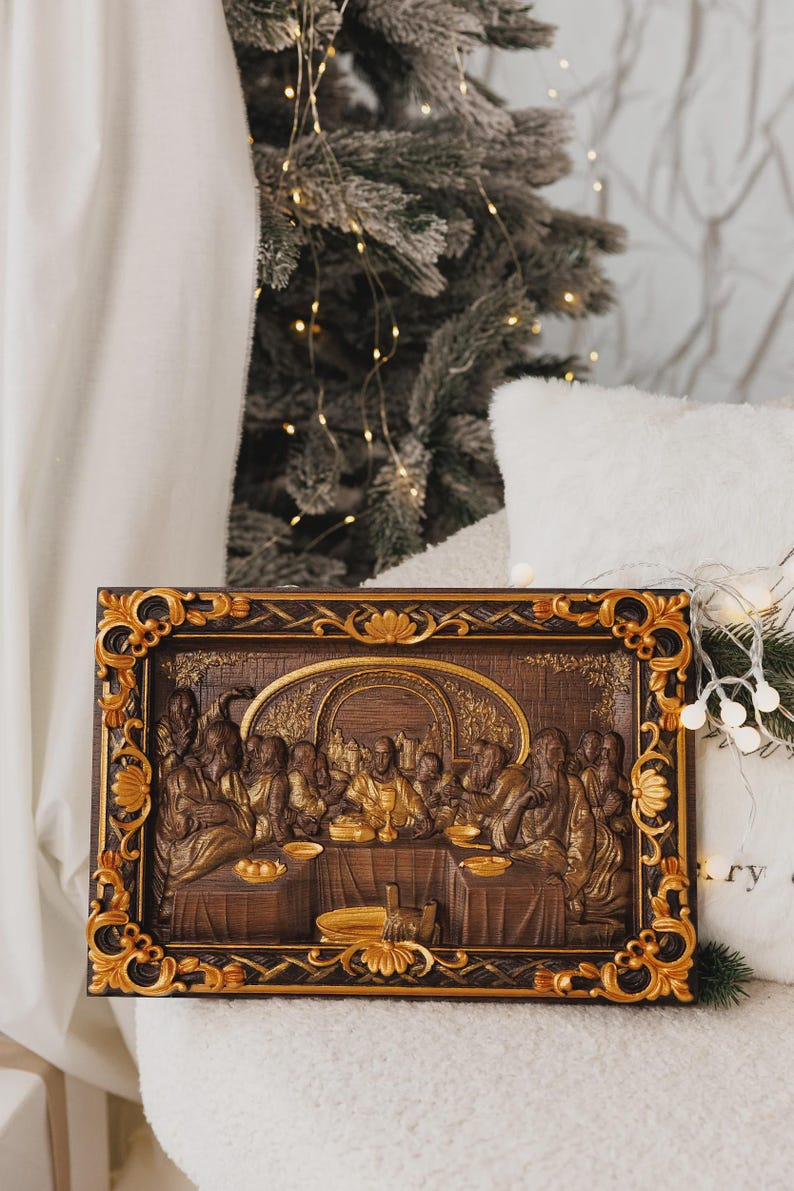 Last Supper Oak Wood Carving, Religious Icon, Christian Gift image 5