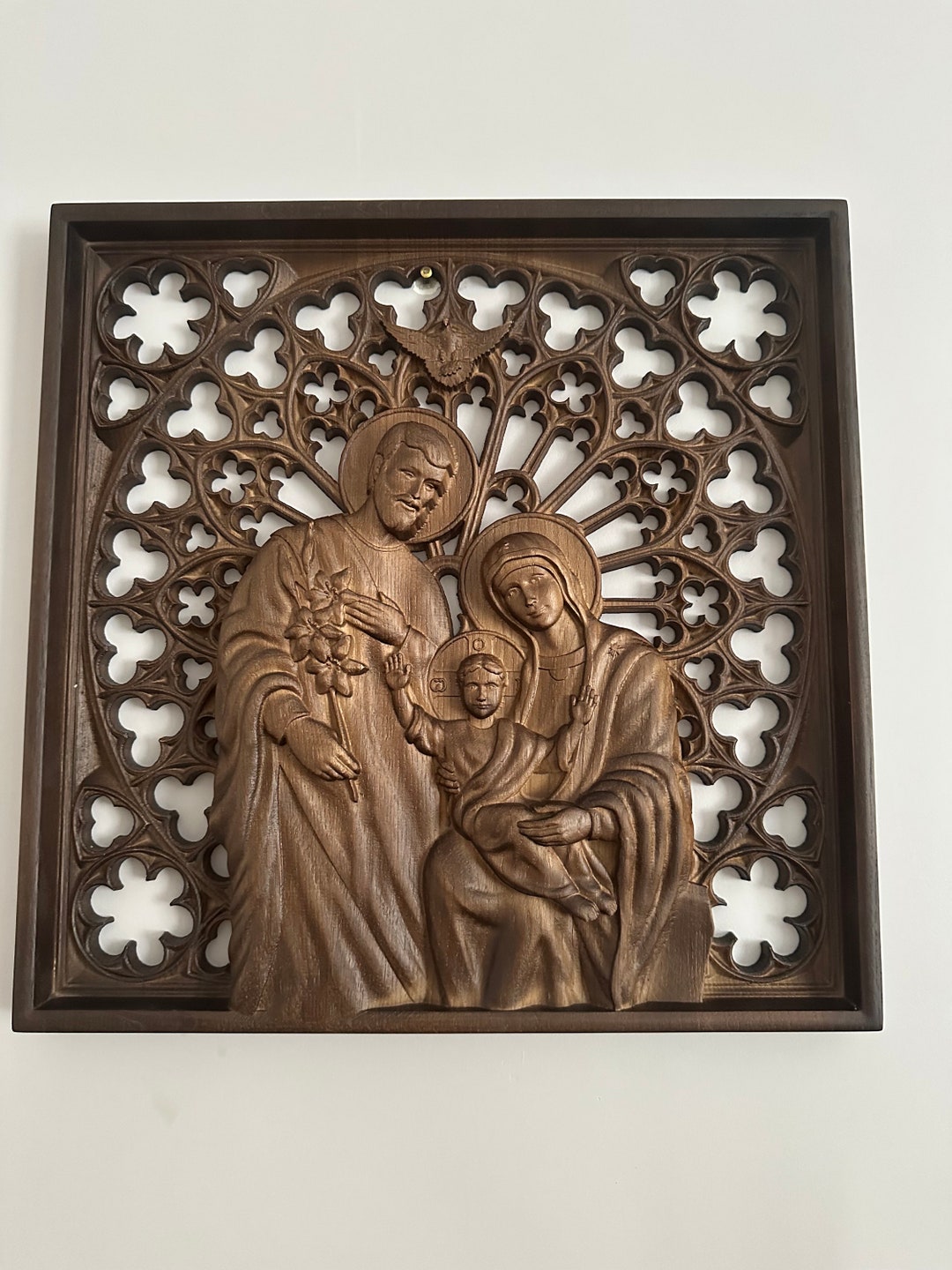 Holy Family Wooden Wall Art Religious Christian Home Decor Intricately Carved Woodwork Christmas
