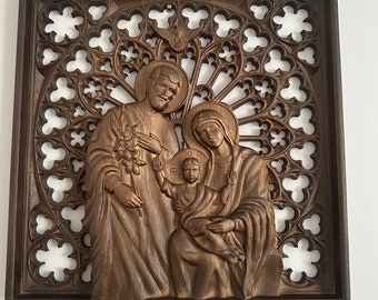 Holy Family wooden wall art - Religious Christian Home Decor - Intricately Carved Woodwork - Christmas home decoration