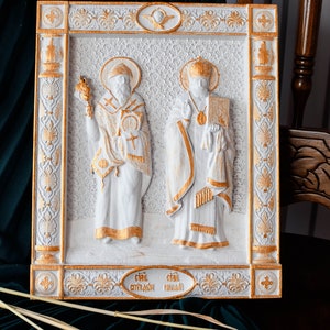 Saint Nicholas and Spyridon  Wooden Carved Wall Art religious Wall decor image of Saints Christian gift for men TAX FREE