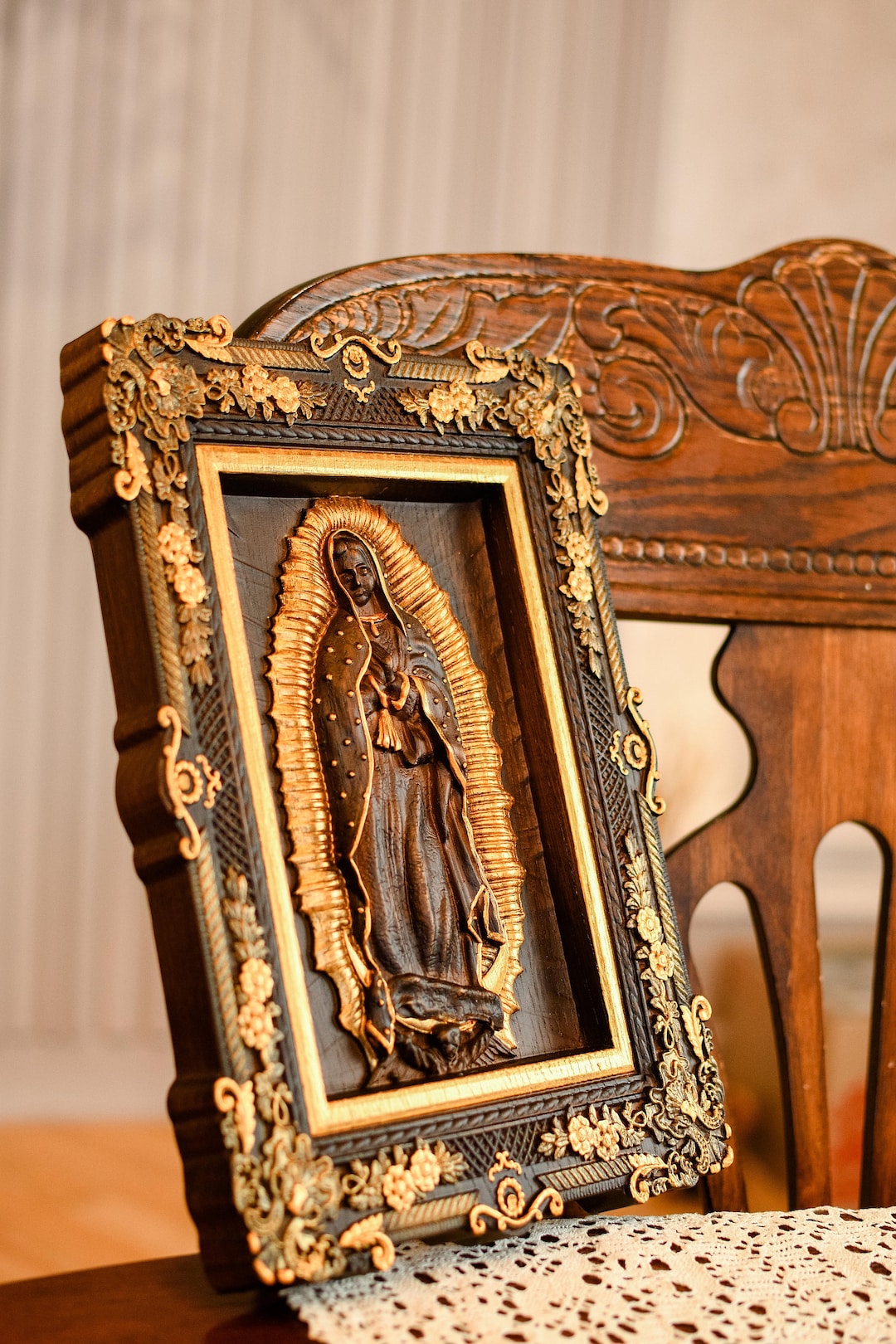 木製 GUADALUPE MARIA オブジェ インテリア Our Lady of Guadalupe Wood Carving: Virgin Mary Wall Art With
