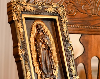 Our Lady of Guadalupe Statue Wooden carved wall art -   Virgin Mary de Guadalupe religious home decor - Personal engraving