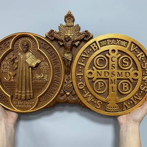 Wood Carved St Benedict Exorcism Cross: Christian Icon, Personalized Decor XS-XXL, TAX Free image 11