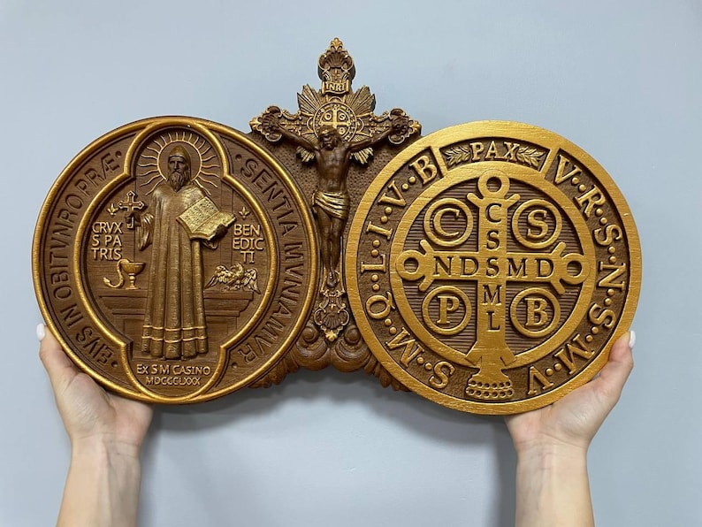 Wood Carved St Benedict Exorcism Cross: Christian Icon, Personalized Decor XS-XXL, TAX Free image 11