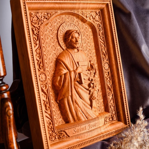 Saint Joseph Wood Carved Religious Personalised Icon Wall Etsy