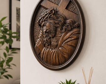 Jesus Carrying the Cross Wall Art, Hand Carved Wooden Jesus Plaque, Catholic Wall Decor, Christian Gift, Sacred Heart of Jesus