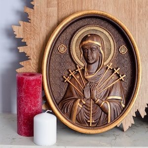 Blessed Virgin Mary of Sorrows carving of natural wood - 7 colors - Religious catholic icon Gift ideas for women Catholic  Wall art