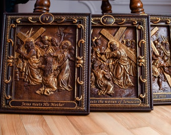 A Set of 14 Wooden  Stations of the Cross Different Colors Carved on Solid Wood Hand Drawen