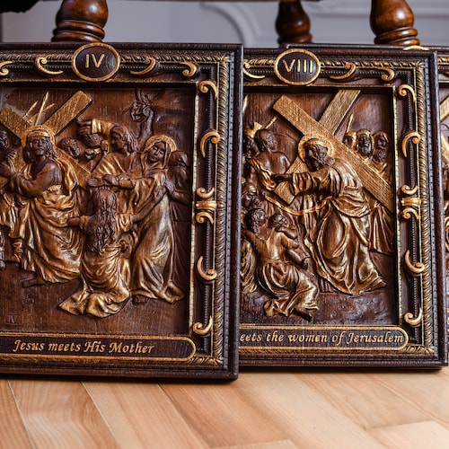 Hand Carved Wood Stations of the Cross - Religious Wall Art Set of