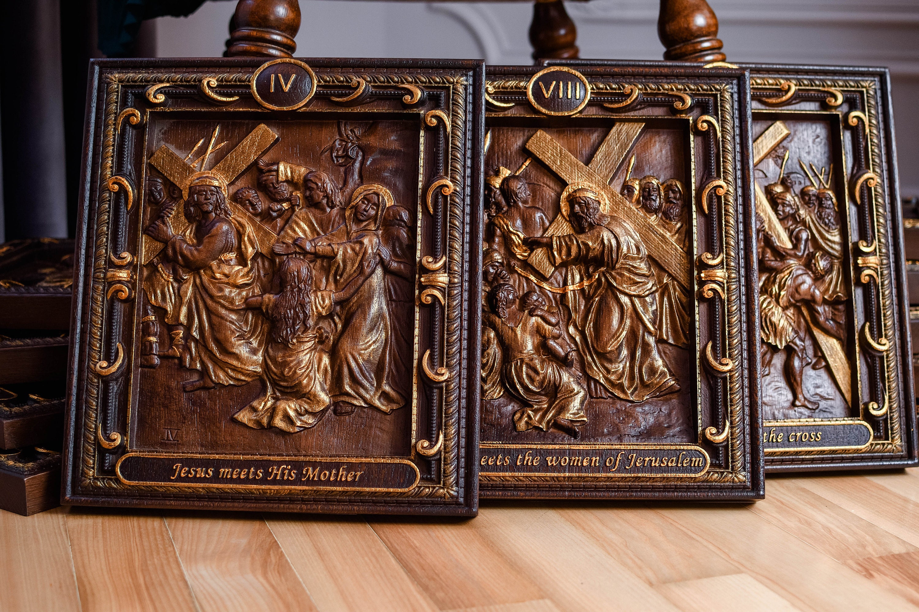 Hand Carved Wood Stations of the Cross - Religious Wall Art Set of