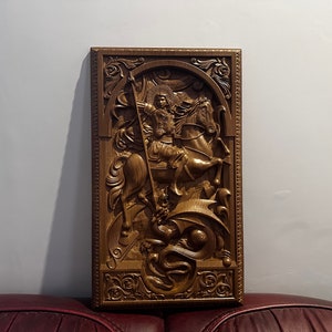 Saint George Holzstatue Wandkunst religiöse Ikone Holz, personalisiertes graviertes Geschenk, kostenloser Versand TAX FREE