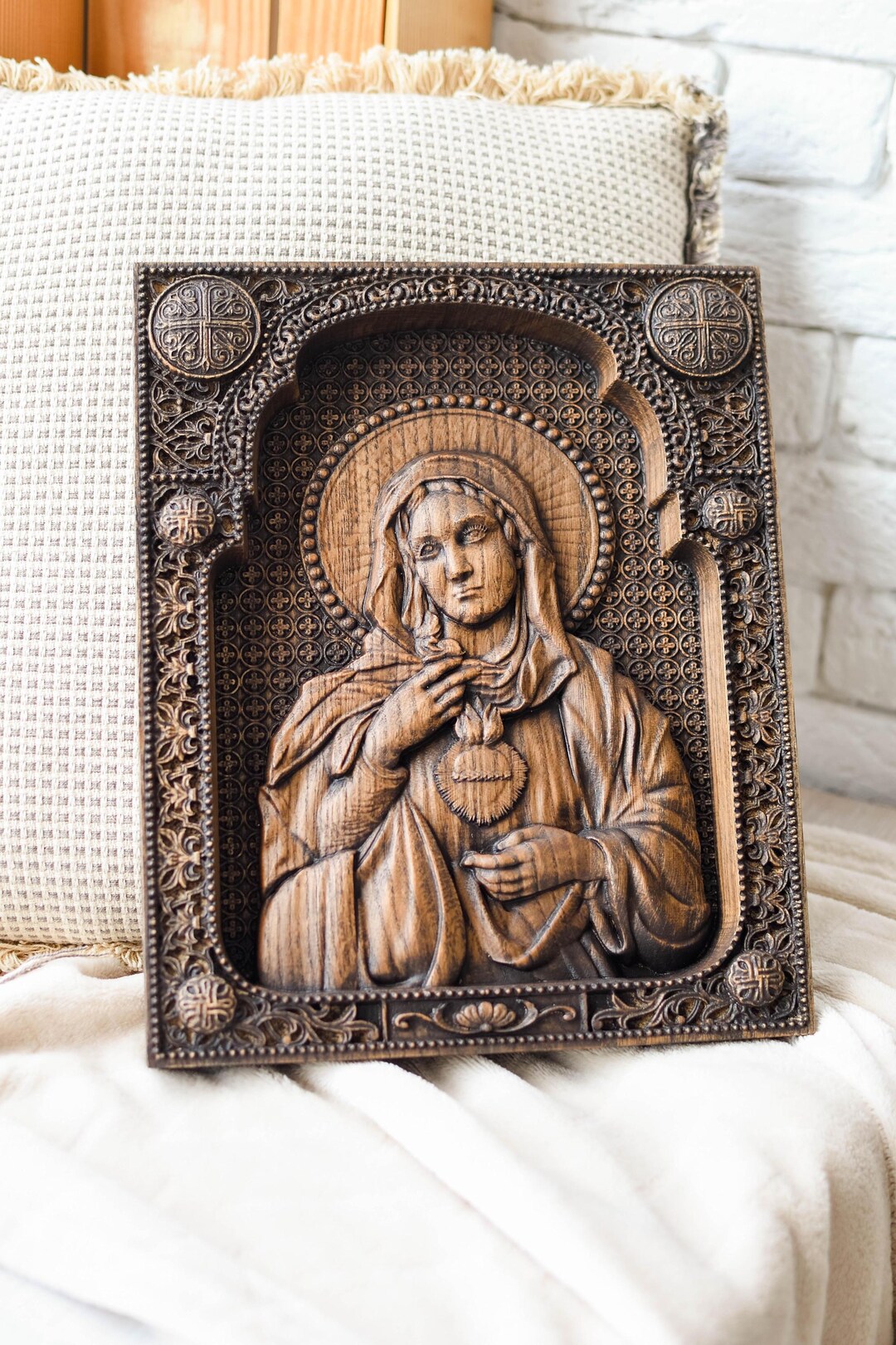 Immaculate Heart of Mary Oak Wood Statue - Engraved Christian Wall ...