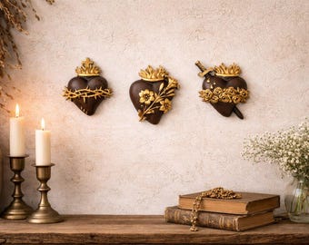 Three Sacred Hearts of the Holy Family Wood Carving Catholic Wall Art Set