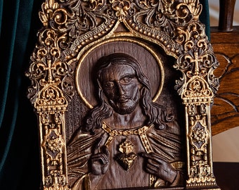 Sacred Heart of Jesus Ikone: Geschnitztes Eichenholz Christliches Geschenk Personalisiert, STEUER Frei