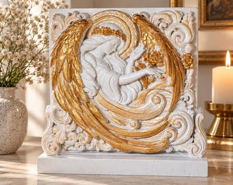 Guardian Angel Wall Art, Hand Carved Wooden Angel Relief, White Gold Angel Decor, Christian Home Accent, Religious Gift, (7x7 inches)