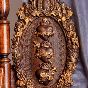 Heilige Familie Herzen Drei heilige Herzen An der Wand befestigtes Dekor für katholisches Zuhause Kunstwerk Natürliches Eichenholz Personalisiertes Weihnachtsgeschenk