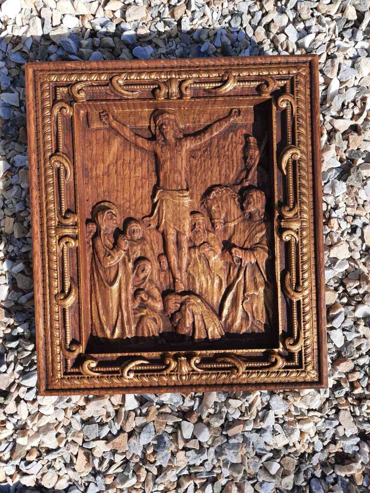 アンティーク雑貨 Antique Wooden Religious Icon Oak Wood Carving: 12th Station of the Cross - Religious Icon - Etsy