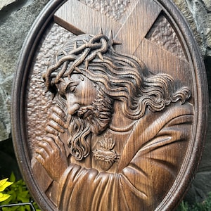 Handcrafted wooden carved wall plaque Jesus  wearing the crown of Thorns  - Religious catholic icon Gift for man Catholic  Wall art
