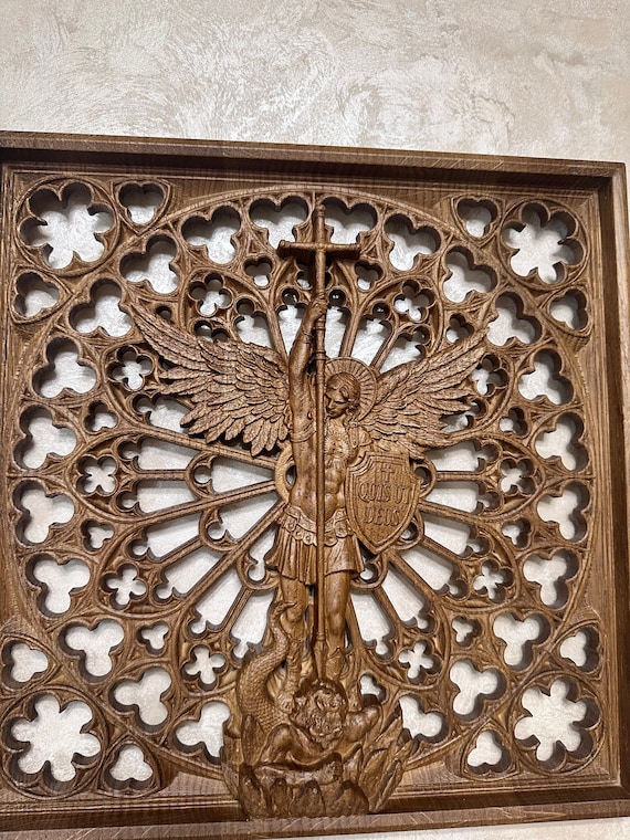 Archangel Michael Wood Carving - St Michael Wall Art,  Christian Home Decor, Religious Gift, Oak Wood Decor