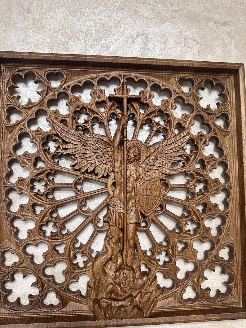 Archangel Michael Wood Carving - St Michael Wall Art, Christian Home Decor, Religious Gift, Oak Wood Decor Walnut