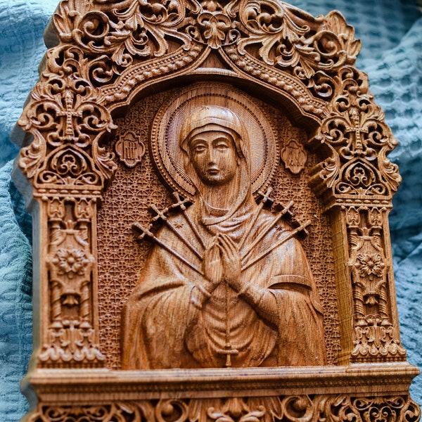 Virgin Mary statuary Wooden Wall plaque  Religious gift idea  for women Our Lady of Seven Arrows  50th birthday gift ideas