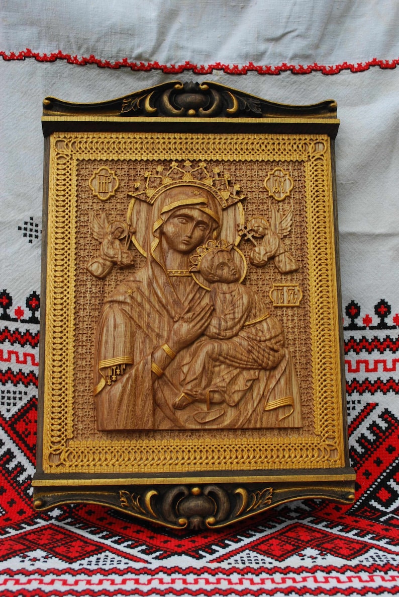 Our Lady of Perpetual Help Wood Carving Religious icon christian gift personalized gift wood gift for herFREE ENGRAVING image 1