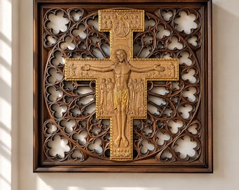 San Damiano Cross Wall Art,  (20"x20"),  Hand Carved Wooden Crucifix, Catholic Religious Decor, Christian Home Blessing, Ornate Wood Cross