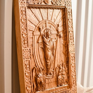 Hand Carved Oak Resurrection of Christ Wall Plaque, 8 colors, XS-XXL, TAX Free