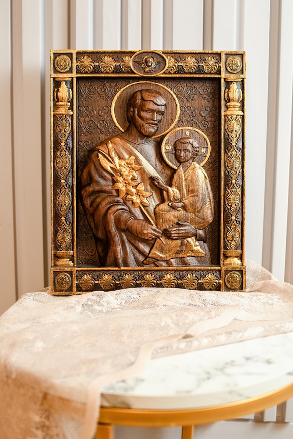 Saint Joseph Wood Carved Byzantine Icon: Religious Wall Art 6x8