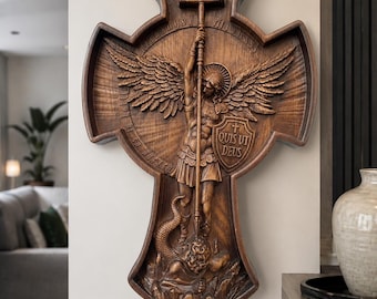 St Michael Wall Art, Hand Carved Wooden Cross, Archangel Michael Icon, Christian Gift for Men, Catholic Home Blessing Decor