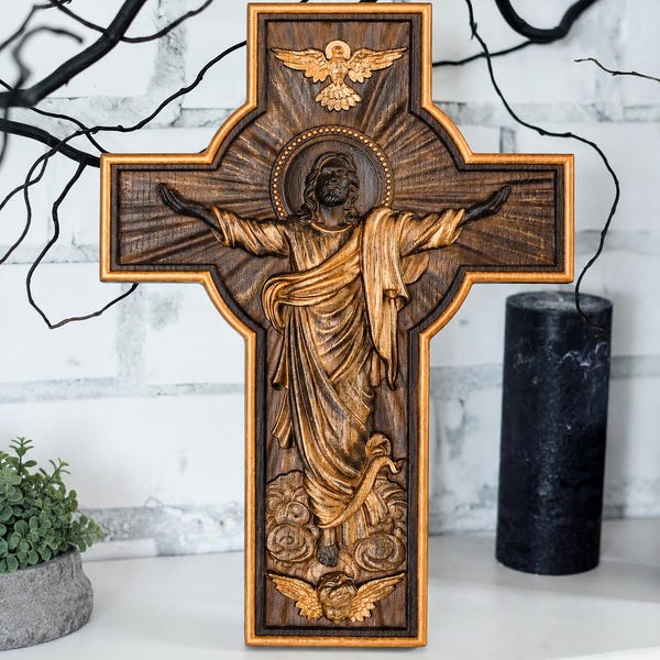 Risen Christ Cross, Wooden Christian Wall Cross, Jesus Religious Wall Art, Hand Carved Crucifix, Christian Home Decor, Faith Gift