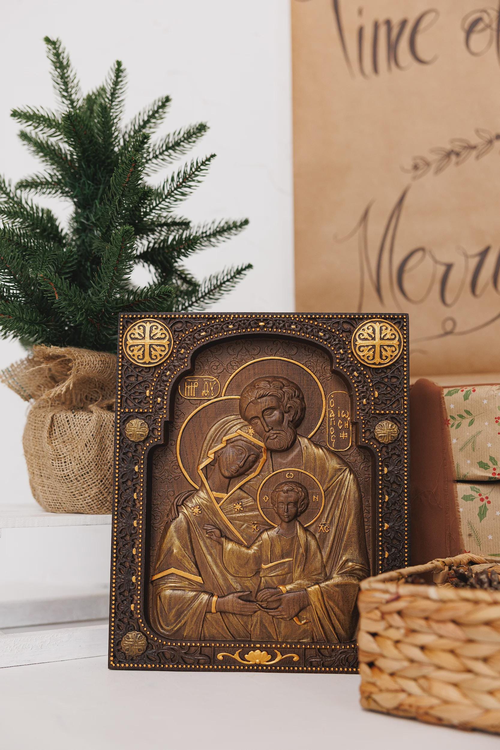 Personalized Holy Family Icon: Carved Oak Wood Byzantine Catholic