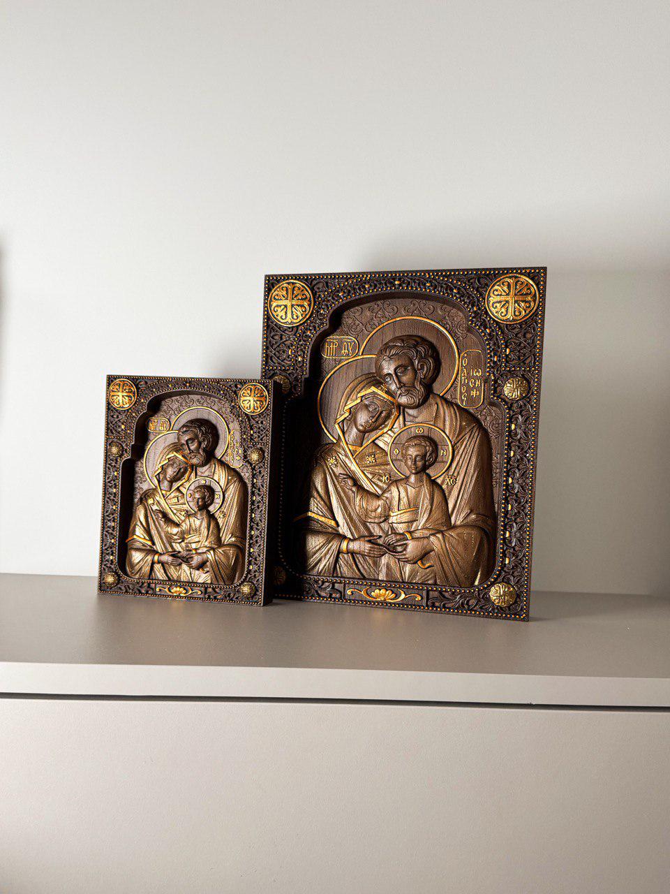 Hand Carved Wooden Holy Family Plaque: Byzantine Icon Wall Art