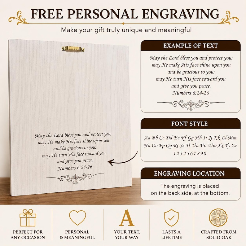 May include: A square light-colored wooden plaque featuring a gold-tone metal hanger on the back. The surface displays engraved text reading: May the Lord bless you and protect you; may He make His face shine upon you and be gracious to you.