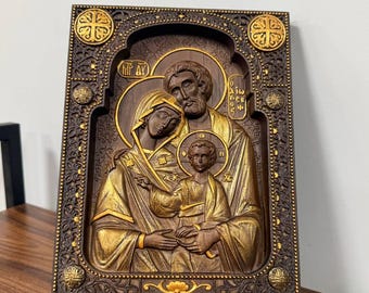 Holy Family Wooden Icon with Stand,  Jesus Mary Joseph, Christian Home Decor, Catholic Gift, Family Blessing