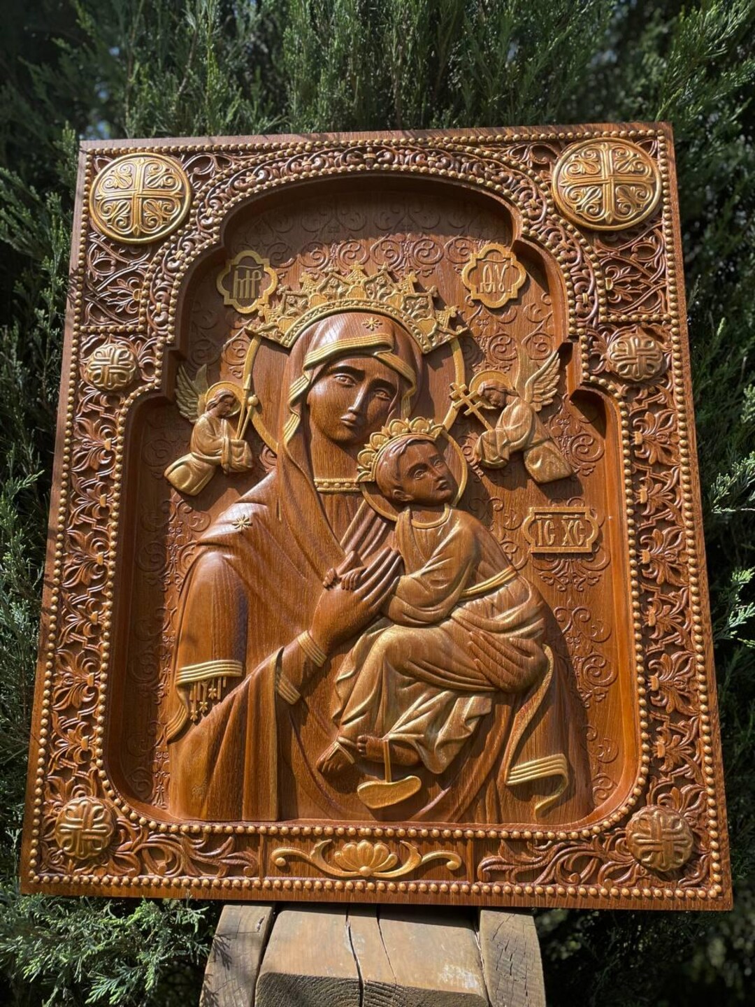 Hand Carved Wooden Icon Our Lady of Perpetual Help | Virgin Mary Wall ...