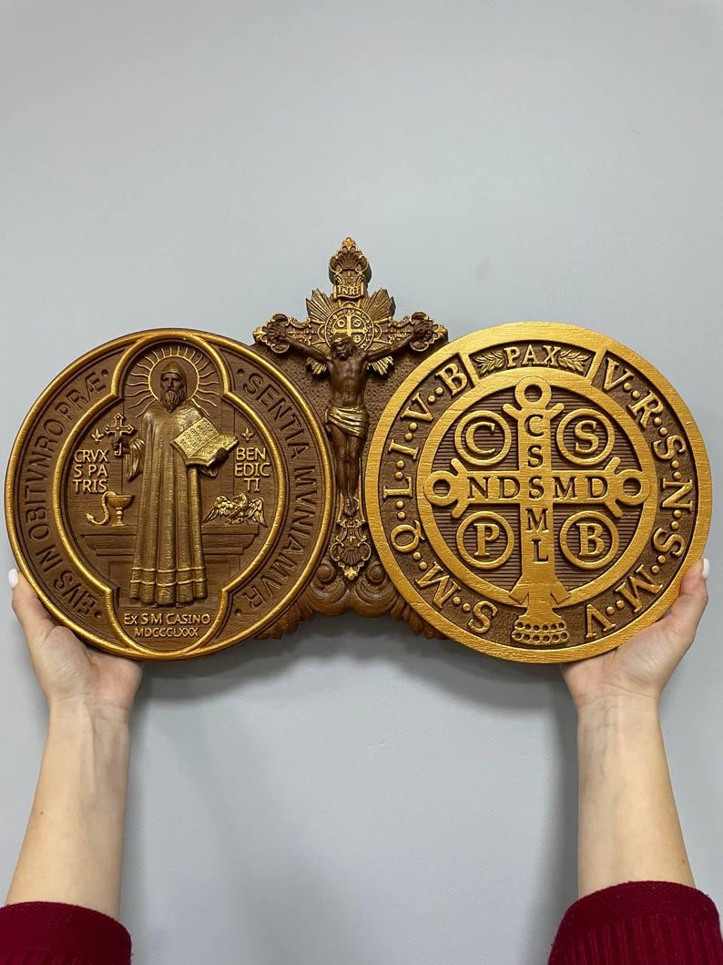 Wood Carved St Benedict Exorcism Cross: Christian Icon, Personalized Decor XS-XXL, TAX Free image 10