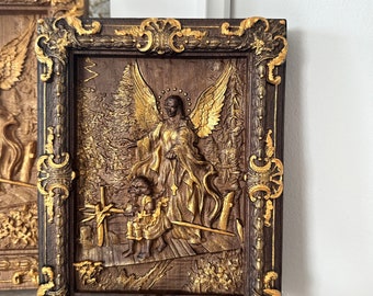 May include: A wood carved framed wall art featuring a golden angel with wings outstretched, guiding a child across a bridge. The frame is ornate with gold accents.