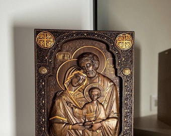 Hand Carved Wooden Holy Family Icon: Byzantine Catholic Wall Art